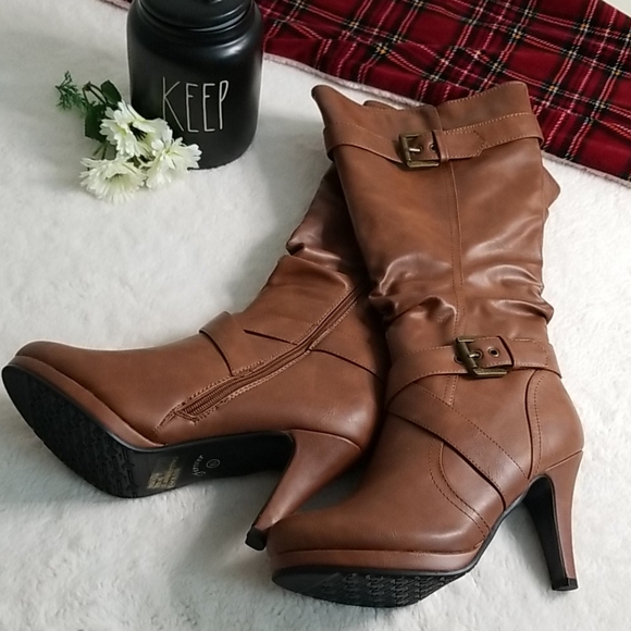 Shoes - BROWN FAUX LEATHER HEEL BOOTS SIZE 8 1/2